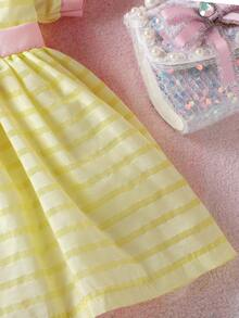 Baby Girl 2pcs/Set Summer Fashion Bowknot Decorated Dress And Headband - Yellow - View 4