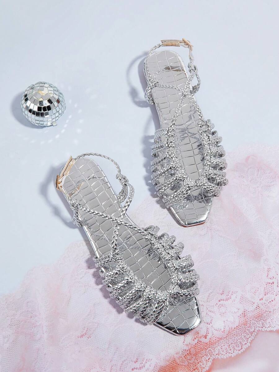 Silver Woven Twisted Knot Design With Stone Texture Fabric Patchwork Women's Flat Sandals, Random Woven Pattern, Random Stone Texture Pattern - Silver - View 1