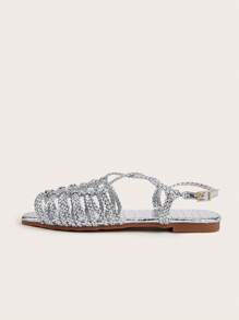 Silver Woven Twisted Knot Design With Stone Texture Fabric Patchwork Women's Flat Sandals, Random Woven Pattern, Random Stone Texture Pattern - Silver - View 3