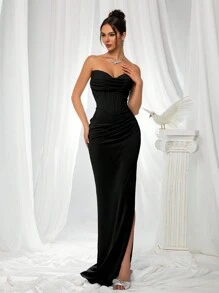 VIPGIRL Elegant Bridesmaid Dress: Strapless Flattering Fitted Satin Gown With Corset Bodice & Draped Waist – Minimalist Luxury Formal Evening Wear, Wedding Guest Outfit - Black - View 2