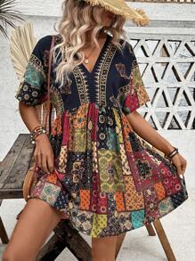 SHEIN LUNE Women's A-Line V-Neck Batwing Sleeve Patchwork Printed Dress, Spring/Summer - Multicolor - View 5