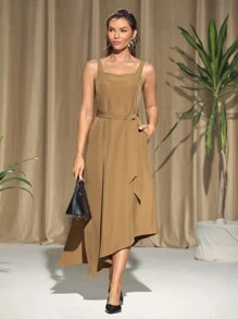 KES Vestido midi de princesa sin mangas color caqui, vestido elegante de verano para vacaciones, fiestas, cumpleaños, festivales, boda, baile de graduación