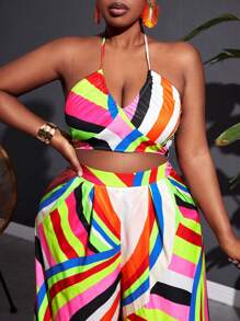 Slaydiva Bộ đồ liền thân dệt chéo phong cách ngày lễ cỡ lớn có họa tiết nhiều màu, cổ yếm và thiết kế khoét rỗng dành cho nữ - Nhiều màu - Xem 7