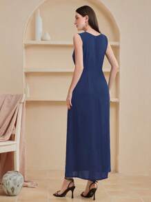 Al Najma 女士時尚夏季無袖長款腰帶連衣裙 - 藍色 - 查看 2