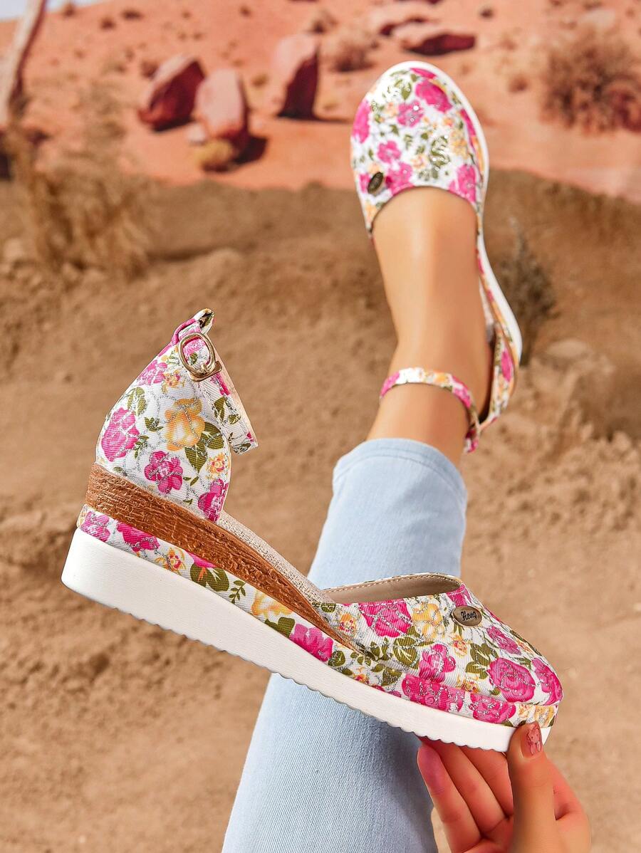Giày sandal đế xuồng hở mũi, đế xuồng, hai tông màu lụa bất đối xứng có trang trí hoa cỡ lớn dành cho nữ - Đỏ và trắng - Xem 1