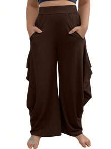 SHEIN Clasi Plus Size Women's Wide Leg Casual Pants With Double Side Pockets Fall Cloth For Women - Brown - View 1