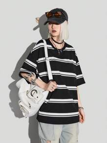 Coolane Street Fashion Oversize Black And White Striped Color Block Casual Loose Short Sleeve T-Shirt - Black and White - View 6
