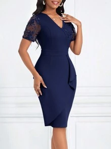 SHEIN Lady Vestido para invitada de boda Vestido elegante ajustado con mangas cortas, volantes, parches, brillo y floral de malla para mujer en verano - Azul Marino - Ver 5