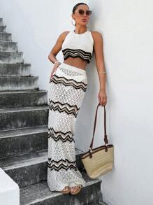 RueChic Completo donna composto da top a collo alto lavorato a maglia e gonna, per vacanza al mare in estate