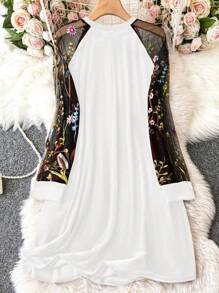 SHEIN LUNE Women Plus Size Embroidery Mesh Contrast Dress - White - View 2