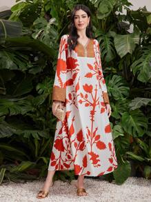 Al Najma Của phụ nữ Kỳ nghỉ Phong cách In thực vật Nối Dài Đầm Với chuông - trái cam - Xem 3