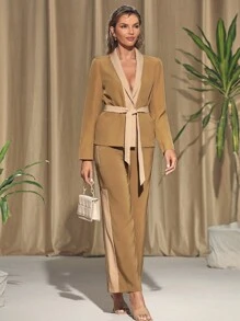 KES Pantalones de dos tonos en caqui para mujer diseñador, para otoño e invierno, vacaciones, festivales