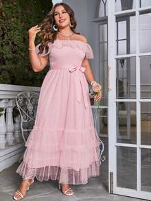 Simplee Plus Size Women's Cold Shoulder Ruffle Trim Belted Mesh Bridesmaid Dress - Pink - View 3
