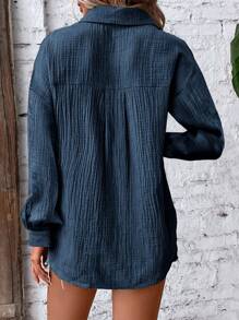 SHEIN LUNE Solid Drop Shoulder Pocket Patched Button Up Shirt,Long Sleeve Tops Fall Cloth For Women - Navy Blue - View 2