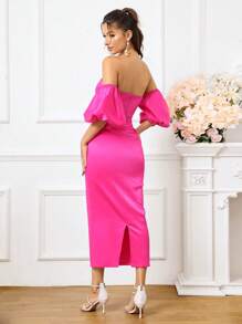 SHEIN Belle Off-The-Shoulder Bubble Sleeve Pleated Dress - Hot Pink - View 3