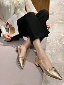 Fashionable And Simple Style Pointed Toe Thick Heel Women's Flat Shoes With Special Silver Belt - Gold - View 6