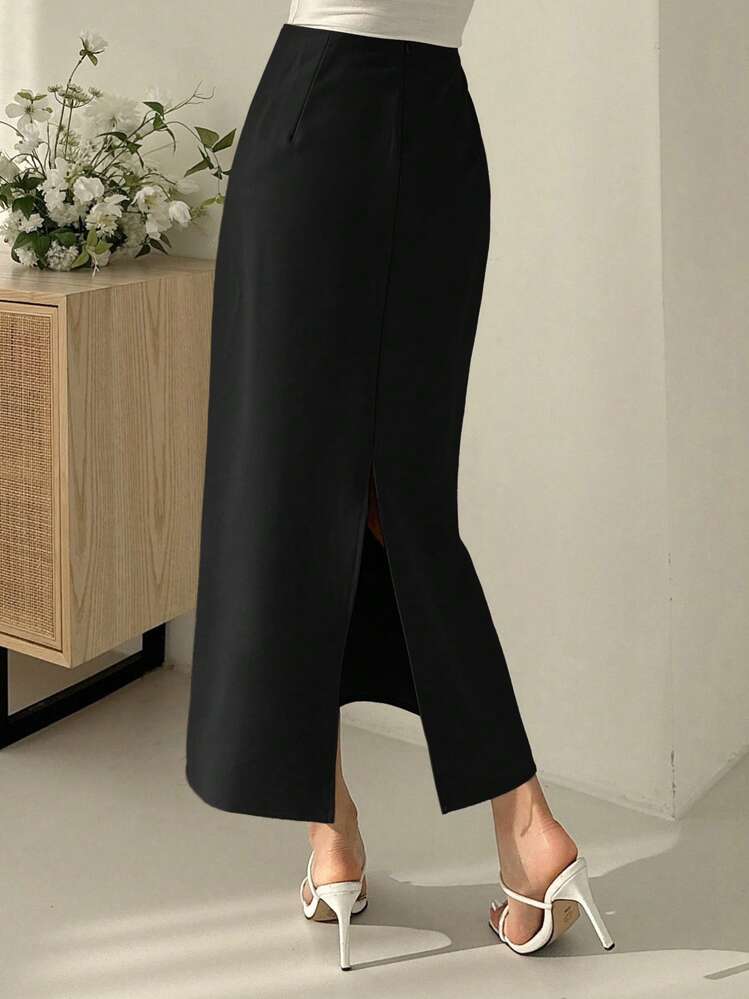 DAZY 女士纯色高开衩鱼尾中长裙 夏季 - 黑色 - 查看 4