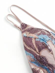 SHEIN Belle 华丽性感细肩带 V 领露背连衣裙，带串珠网眼和美人鱼下摆，适合女士正式派对晚会礼服优雅舞会晚会婚礼宾客礼服，适合毕业典礼、晚宴 - 杏色 - 查看 4