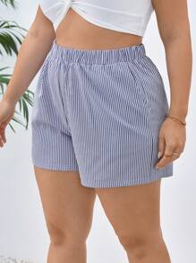 SHEIN Essnce Plus Size Blue & White Striped Casual Holiday Comfortable Loose Shorts