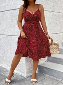 SHEIN Clasi 大码女式夏季波尔卡圆点细肩带休闲太阳裙酒红色女装 - 酒紅色 - 查看 1
