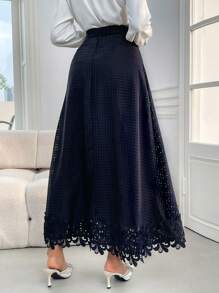 Modelyn Women's Solid Color Applique Trimmed Hem Long Skirt - Black - View 4