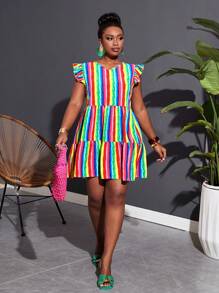 Slaydiva 女性大码彩虹条纹荷叶边罩袍连衣裙，骄傲月彩虹 - 彩色 - 查看 3
