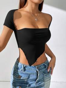 INAWLY Women's Summer Solid Color Square Neck Asymmetrical Hemline Cap Sleeve T-Shirt - Black - View 4