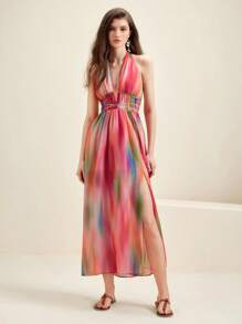 Anewsta Women's Colorful Dreamy Halter Backless Tie Dye Dress - Multicolor - View 3