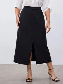 Maija Chân váy xẻ tà cổ điển cỡ lớn - màu đen - Xem 4