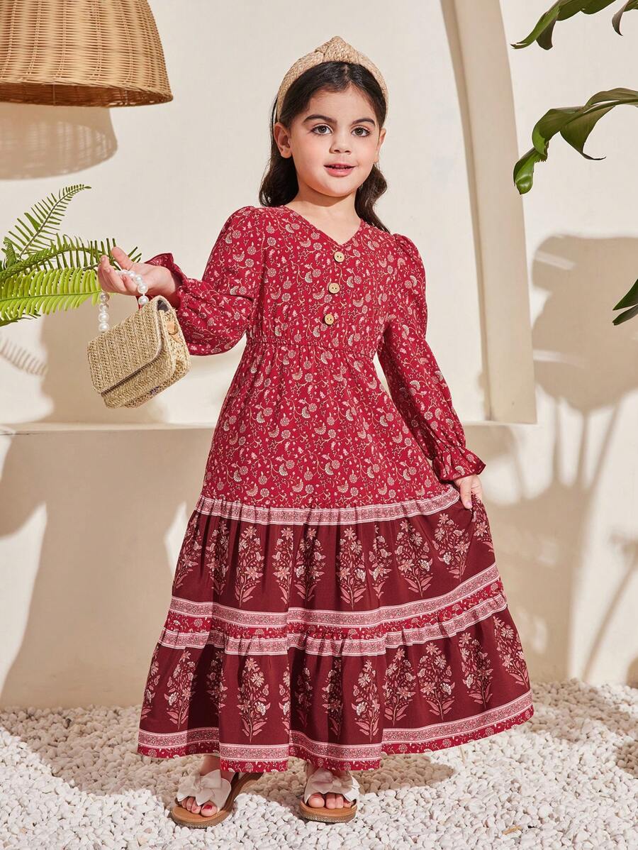 SHEIN Young Girl Loose Vacation Style Plant Printed Dress With Ruffled Sleeves And V-Neck - Burgundy - View 1
