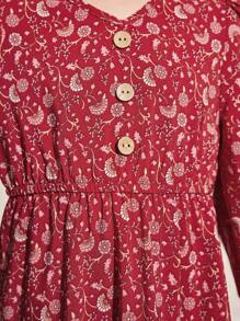 SHEIN Young Girl Loose Vacation Style Plant Printed Dress With Ruffled Sleeves And V-Neck - Burgundy - View 6