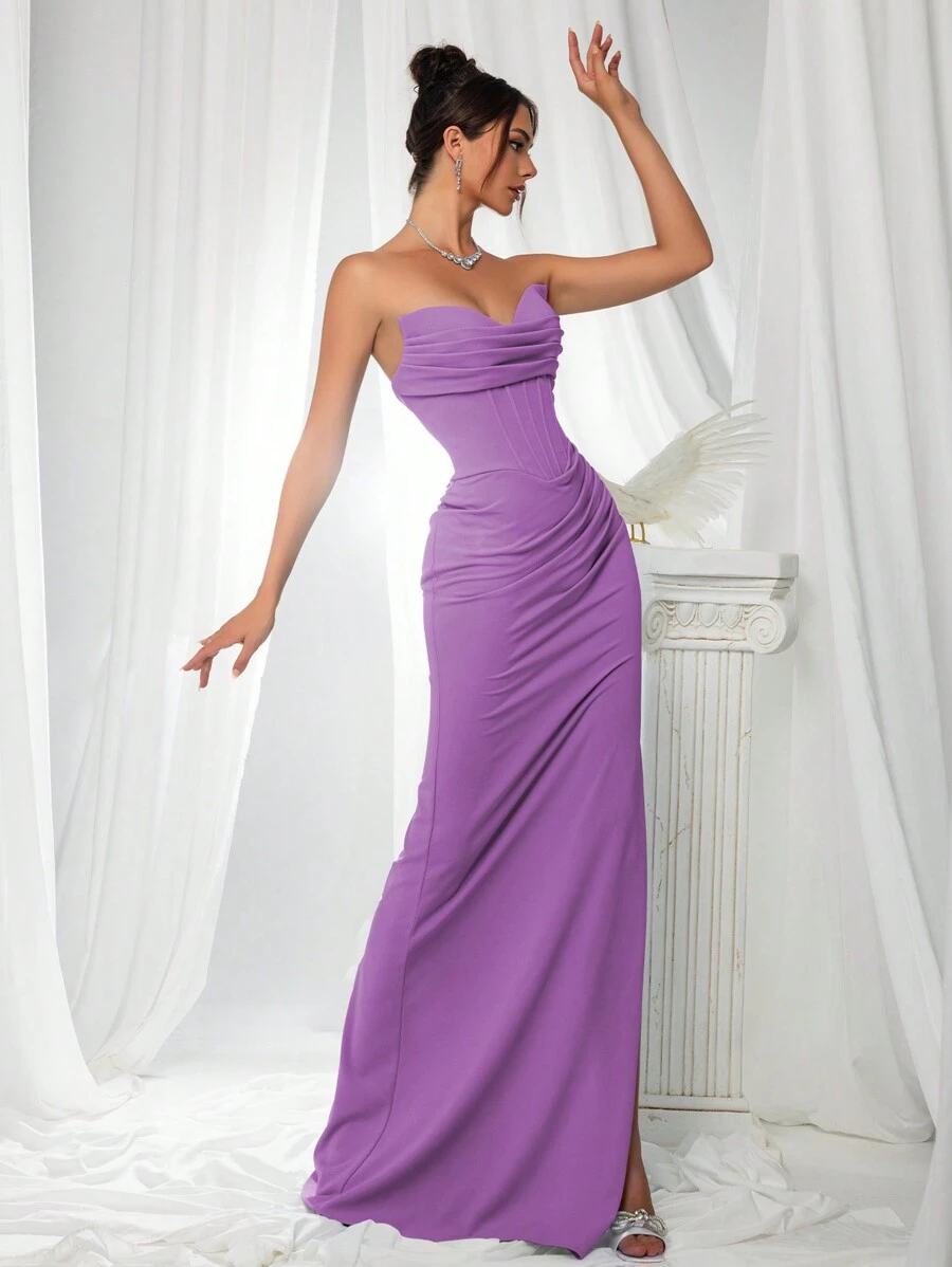 VIPGIRL Elegant Bridesmaid Dress: Strapless Flattering Fitted Satin Gown With Corset Bodice & Draped Waist – Minimalist Luxury Formal Evening Wear, Wedding Guest Outfit - Purple - View 1