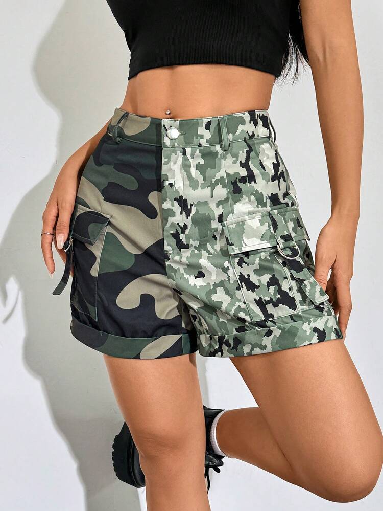 Women's Fashionable Cool Camouflage Patchwork Rolled Hem High-Waisted Cargo Shorts