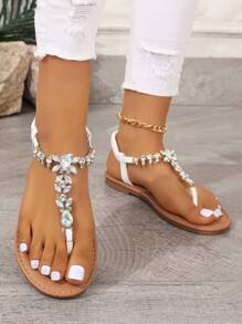 Nuevas Sandalias De Verano Para Mujer Con Cadenas De Pedrería, Punta Redonda Transparente Y Correa Elástica Para Comodidad Durante Vacaciones Al Aire Libre - Blanco - Ver 3