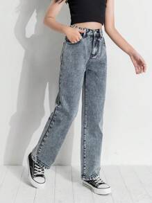 SHEIN 女孩高腰直筒牛仔褲 - 淺色水洗藍 - 查看 3