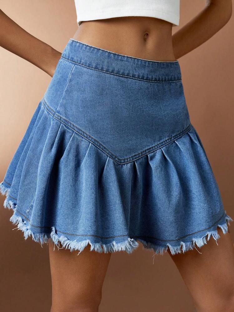 Women's Denim Mini Skirt With Frayed Hem And Layered Ruffle Hem