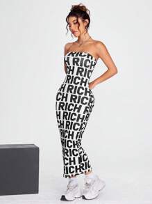 SHEIN Coolane Letter Graphic Tube Bodycon Dress - Black and White - View 1