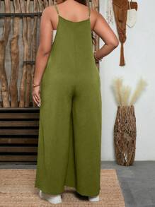 SHEIN LUNE Plus Size Textured Fabric Square Neck Casual Jumpsuit, Suitable For Indoor & Outdoor Wear - Army Green - View 2