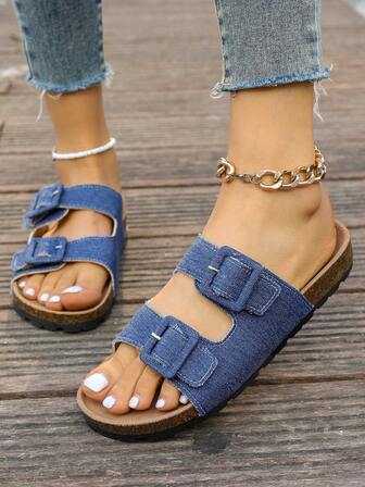 Plus Size Women's Casual Denim Cloth Open Toe Double Buckle Soft Platform Sandals Suitable For Outdoor, Daily And Beach Wear