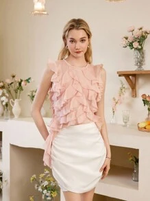 SHEIN MOD Áo không tay cổ tròn tua rua và ngọc trai thiết kế xếp nếp màu hồng ngọt ngào - Hồng - Xem 5