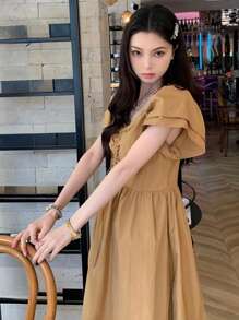 DAZY 女式夏季V领抽绳短袖连衣裙太阳裙 - 黃色 - 查看 3