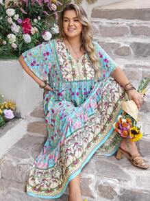 Bohemian Women Plus Size Floral V-Neck Loose Dress Beach Holiday Summer Party Wedding Season Coachella Music Festival