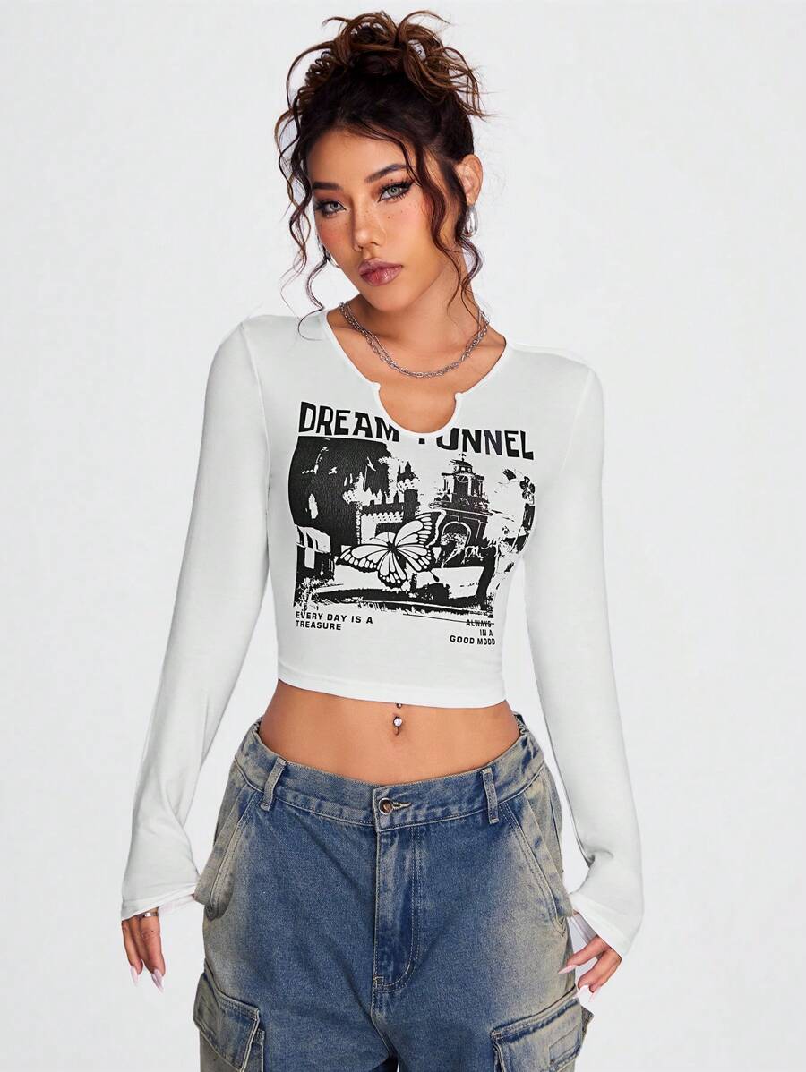 SHEIN Coolane Lettering And Architectural Print Notch Collar Cropped Slim Fit T-Shirt