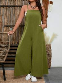 SHEIN LUNE Plus Size Textured Fabric Square Neck Casual Jumpsuit, Suitable For Indoor & Outdoor Wear - Army Green - View 4