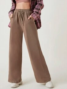 SHEIN BASICS Pantalones De Pierna Ancha Con Cintura Con Cordón De Terciopelo Y Bolsillos Inclinados - Marrón Mocha - Ver 1