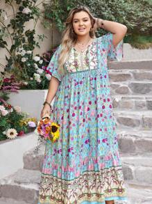 Bohemian Women Plus Size Floral V-Neck Loose Dress Beach Holiday Summer Party Wedding Season Coachella Music Festival