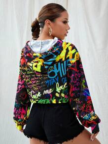 Muchica Graffiti Print Drop Shoulder Drawstring Hoodie - Multicolor - View 2