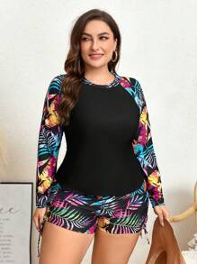 Swim Lushoire Plus Size Summer Beach Contrast Tropical Printed Long Sleeve Top & Shorts Rashguard Set - Multicolor - View 7