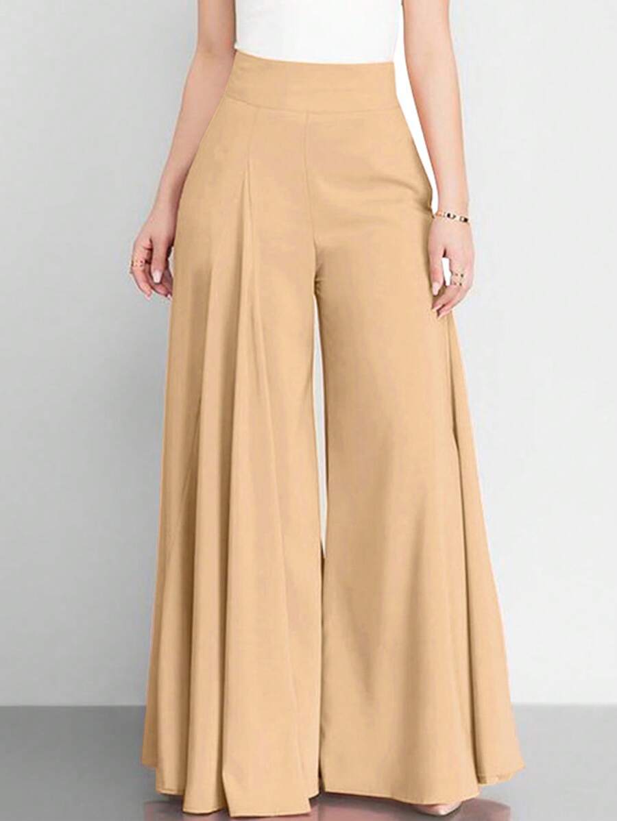 Women's Solid Color High Waist Wide Leg Pants, Spring/Summer - Khaki - View 1