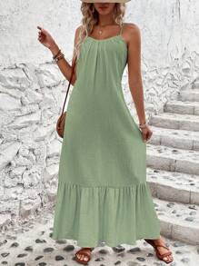 Breezaya 夏季休閒質感粘膠cami連衣裙,有荷葉邊適合戶外活動穿著 - 綠色 - 查看 7